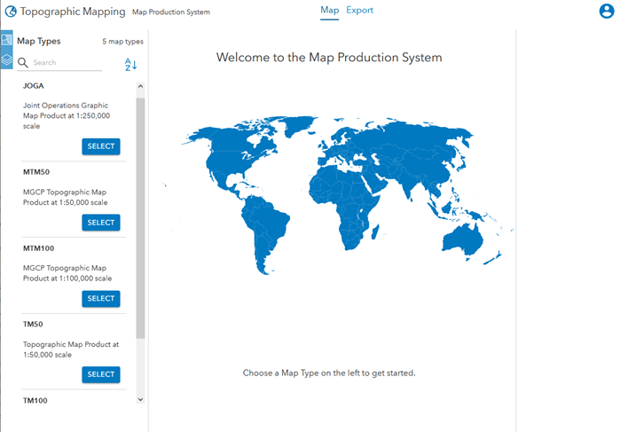 The MPS web app with the Map Types pane