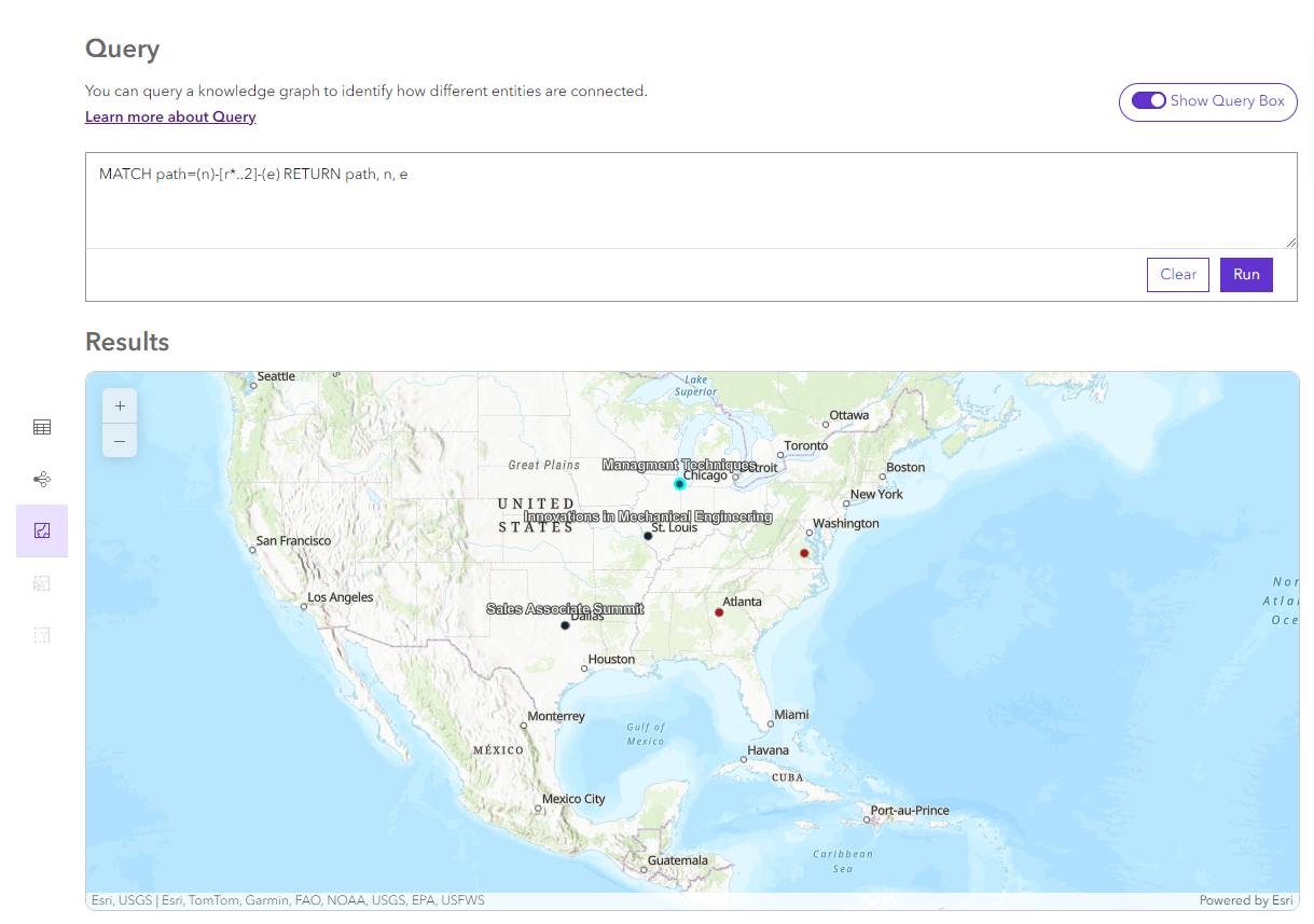 Map preview of query results shows any selections made in the table view.